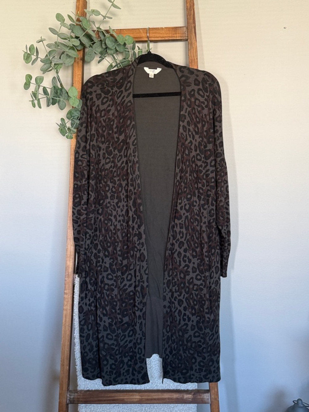 Long Open-Front Leopard Cardigan Sweater - Black Gray Brown